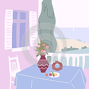 Still life abstract contemorary minimalism. Vase flora table landscape, abstract elements shapes. Modern poster, banner