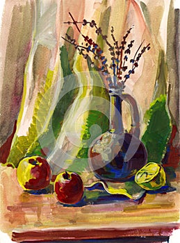 Still life  with acrylic painting of apples, lemon and jug with branches on table on green textile background.