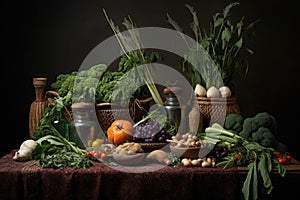 a still life of ancient grains, fresh vegetables and herbs