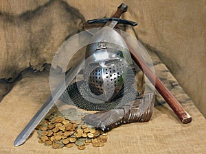 Still life of ancient weapons and armor