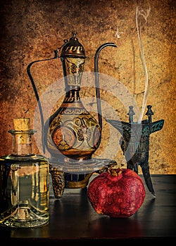 Still life with an ancient wine jug and pomegranate against modern vintage home design background