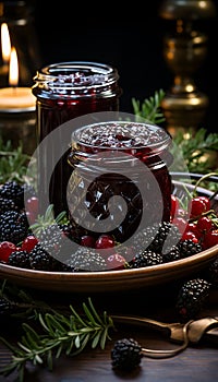 Still life with appetising berry jam in rustic style