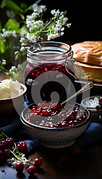 Still life with appetising berry jam in rustic style