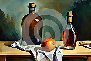 still life with apple and wine on the table photo