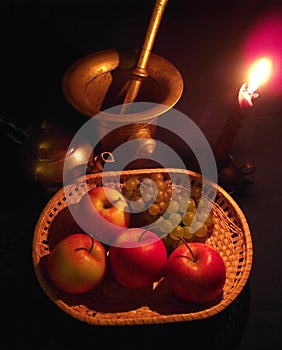 Still life with apples and grapes