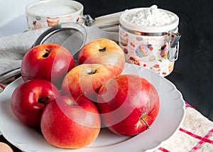 still life with apples spread out on a plate kitchen towel and flour