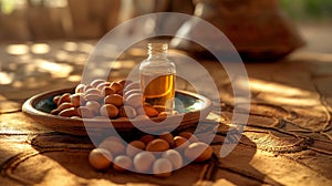 Still life of Argan oil and fruit with nuts on a table photo