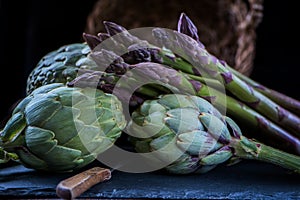 A still life of artichokes with knife and asparagus on the rustic textured background close side view low key