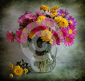 Still life with asters and chrysanthemums