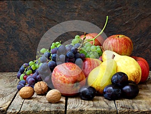 Still life of autumn fruits: grapes, apples, pears, plums, nuts