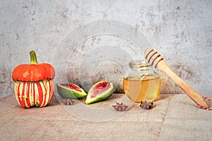 Still life, autumn, pumpkin, figs, honey, star anise