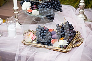 Still life: basket with grapes, figs and plums