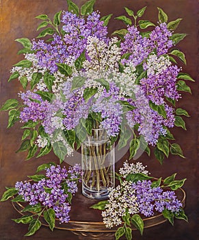 Still life with beautiful blooming pink, violet, purple and white lilac in glass vase on the table. Original oil