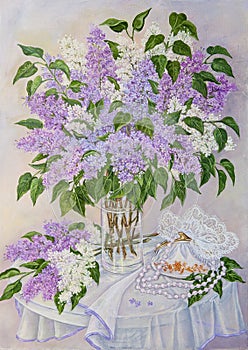 Still life with beautiful blooming pink, violet, purple and white lilac in glass vase on the table. Original oil