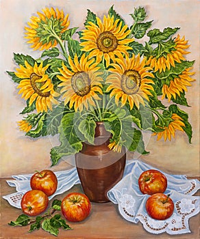 Still life - beautiful blooming sunflowers in vase on table with fresh red apples from a garden. Original oil painting.