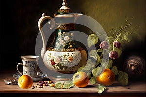 Still life with a beautiful handwritten jug and fruit lying on an table. AI illustration