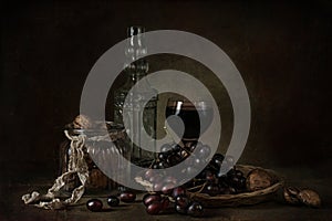 still life of berries and fruits on the table on a dark background High quality photo