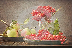 Still life berries of a viburnum and garden seasonal apples in plates