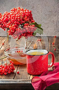 Still life berries of a viburnum in a glass and mug of hot tea and honey