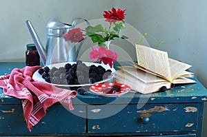 still life with black blackberries