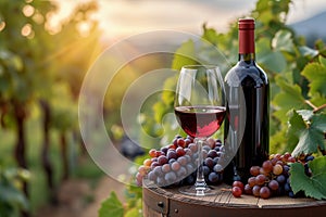 Still life of bottle and glass of red wine with bunch of grapes