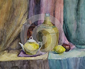 Still life with Bottle, Vase and Teapot photo