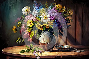 Still life bouquet of colorful flowers in a vase. Impressionist vintage oil painting of wildflowers. Spring art.