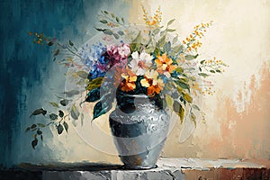 Still life bouquet of colorful flowers in a vase. Impressionist vintage oil painting of wildflowers. Spring art.