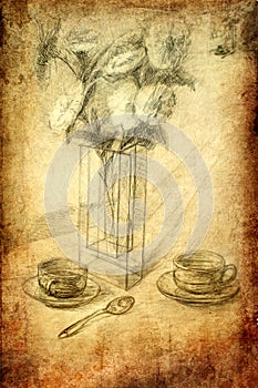 Still life: bouquet and cups