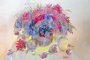 Still life with a bouquet of flowers and fruit behind the wet glass