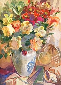 Still life with a bouquet of flowers. Gouache painting