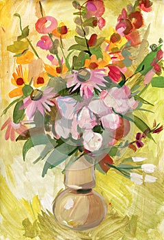 Still life with a bouquet of flowers. Gouache painting