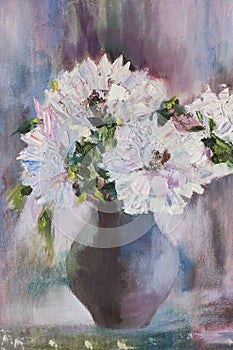 Still life a bouquet of flowers. Oil painting light peonies in vase. Hand oil painting on canvas