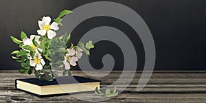 Still life with bouquet of flowers in vase and old book on dark background