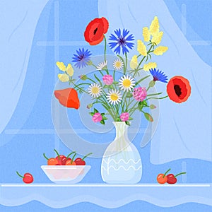 Still life with the bouquet of meadow flowers