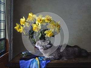 Still life with bouquet of spring flowers and curious kitty