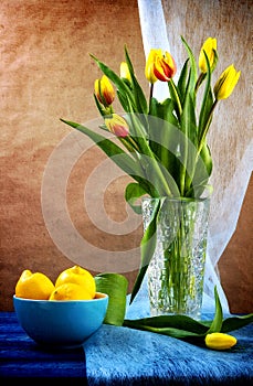 Still life bouquet tulips lemons