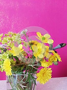 Still life with a bouquet of wild flowers,  field bell,chamomile, carnation flower, lavender,Top view, close up Template for poste photo