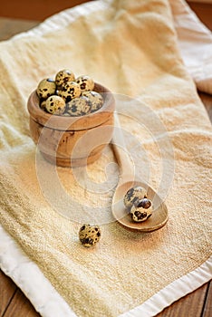 Still life with a bowl and a wooden ladle with quail eggs