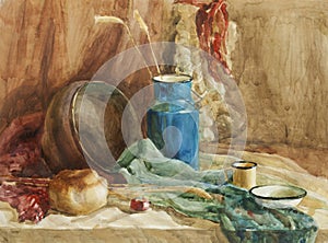 Still life with bread and milk can watercolor painting