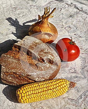 The still life with bread, onion, corn, tomato