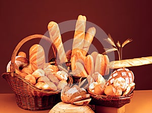 Still life with bread, rolls and baguette