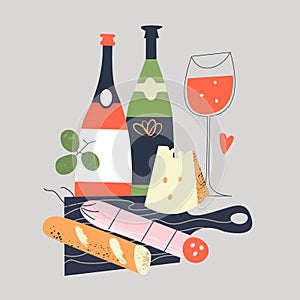 Still-life. Bread, salami, cheese on a black chopping Board. A few bottles of wine and a glass of red wine. Vector illustration in