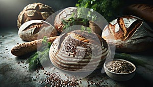 still life with breads, herbs, and seeds on a rough-hewn stone countertop. Generative AI