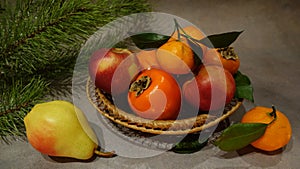 Still life with bright fruits and Christmas tree branch