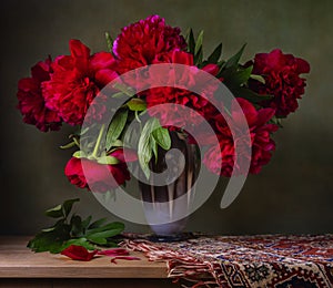 Still life with burgundy peonies
