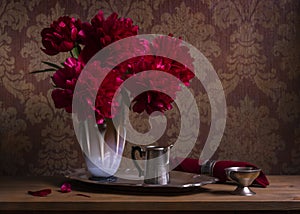 Still life with burgundy peonies in vase