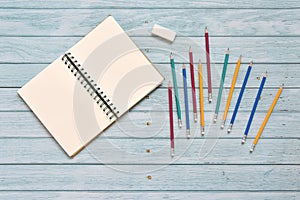 Still life, business office supplies or education concept