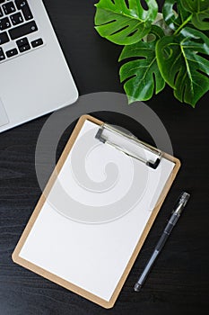 Still life, business, office supplies or education concept : Top view image of open notebook, clip board with blank pages and