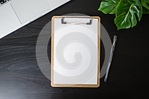 Still life, business, office supplies or education concept : Top view image of open notebook, clip board with blank pages and